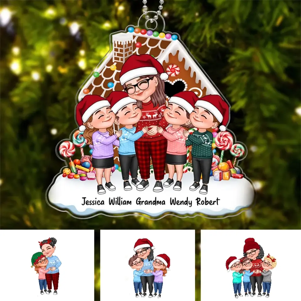 Cartoon Grandma & Grandkids Hugging Gingerbread House Personalized Acrylic Ornament