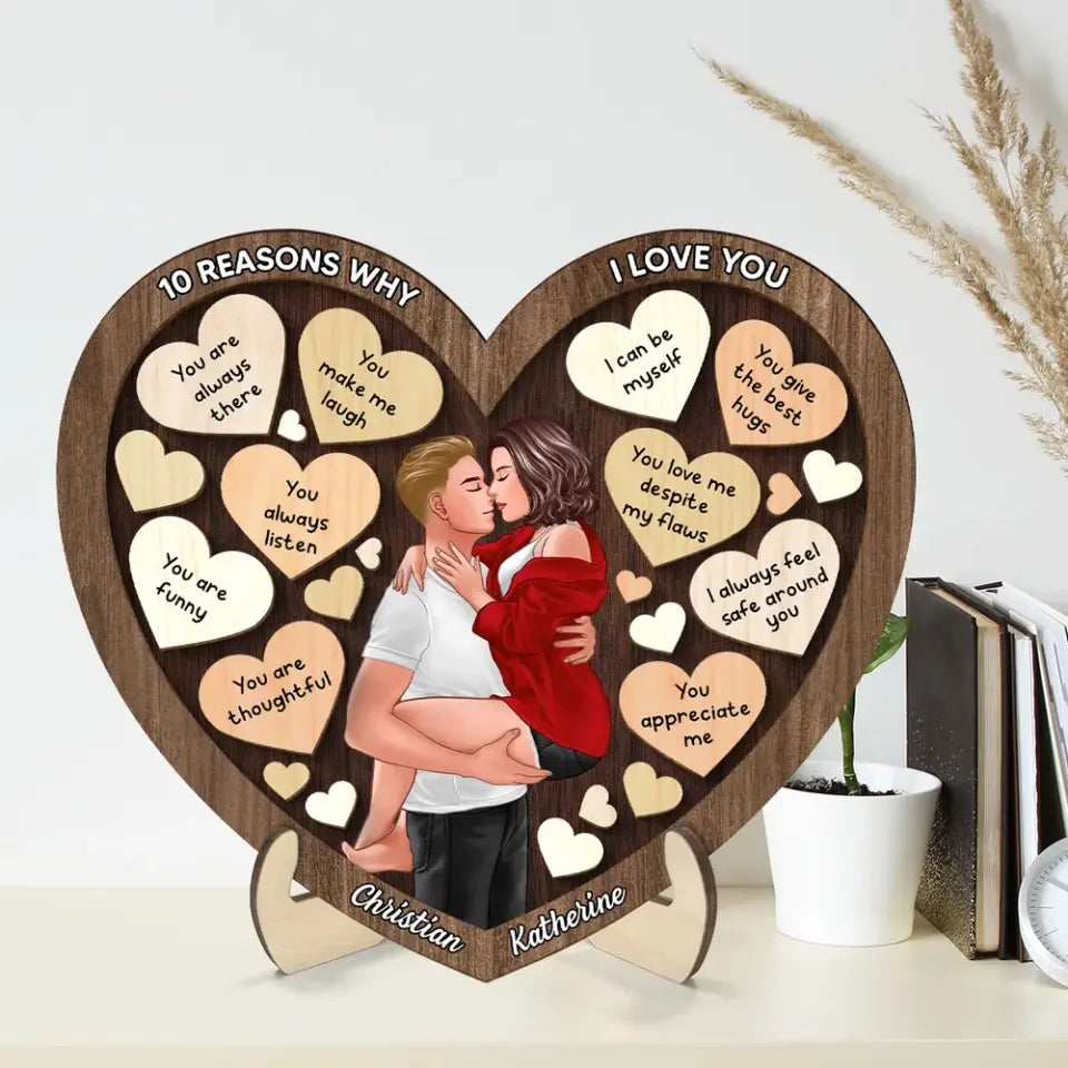 Couple Kissing Passionate In Heart Reasons Why I Love You Wooden Plaque, Valentine's Day Gift For Him, For Her