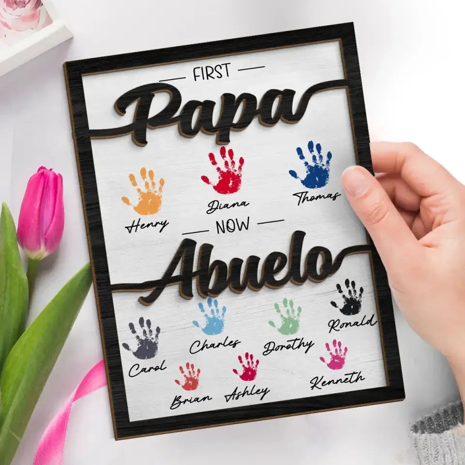First Dad Now Granddad - Family Personalized Custom 2-Layered Wooden Plaque With Stand - Father's Day, Gift For Dad, Grandpa