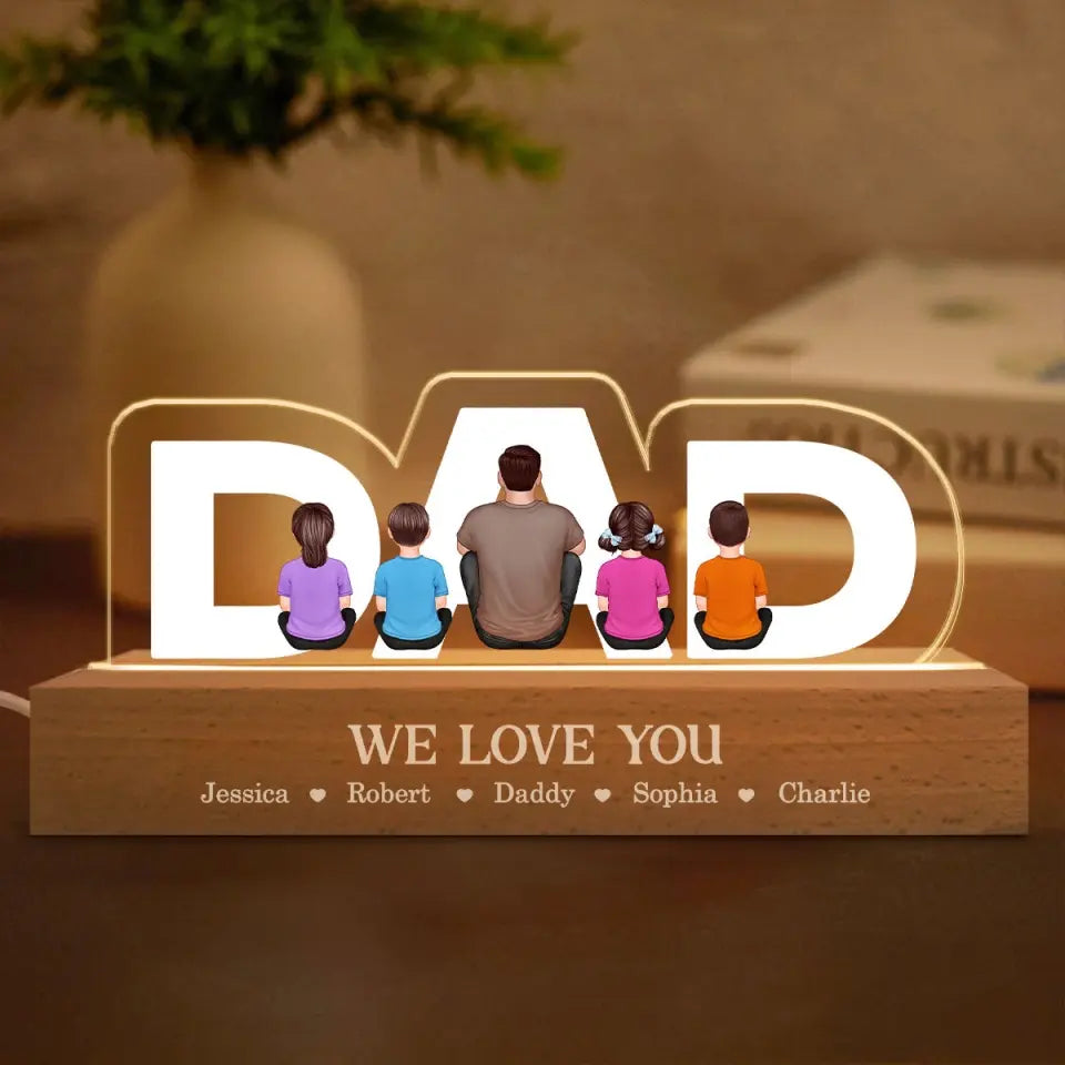 DAD Family Sitting Back View Personalized Acrylic LED Night Light, Father's Day Gift For Dad, Gift For Husband