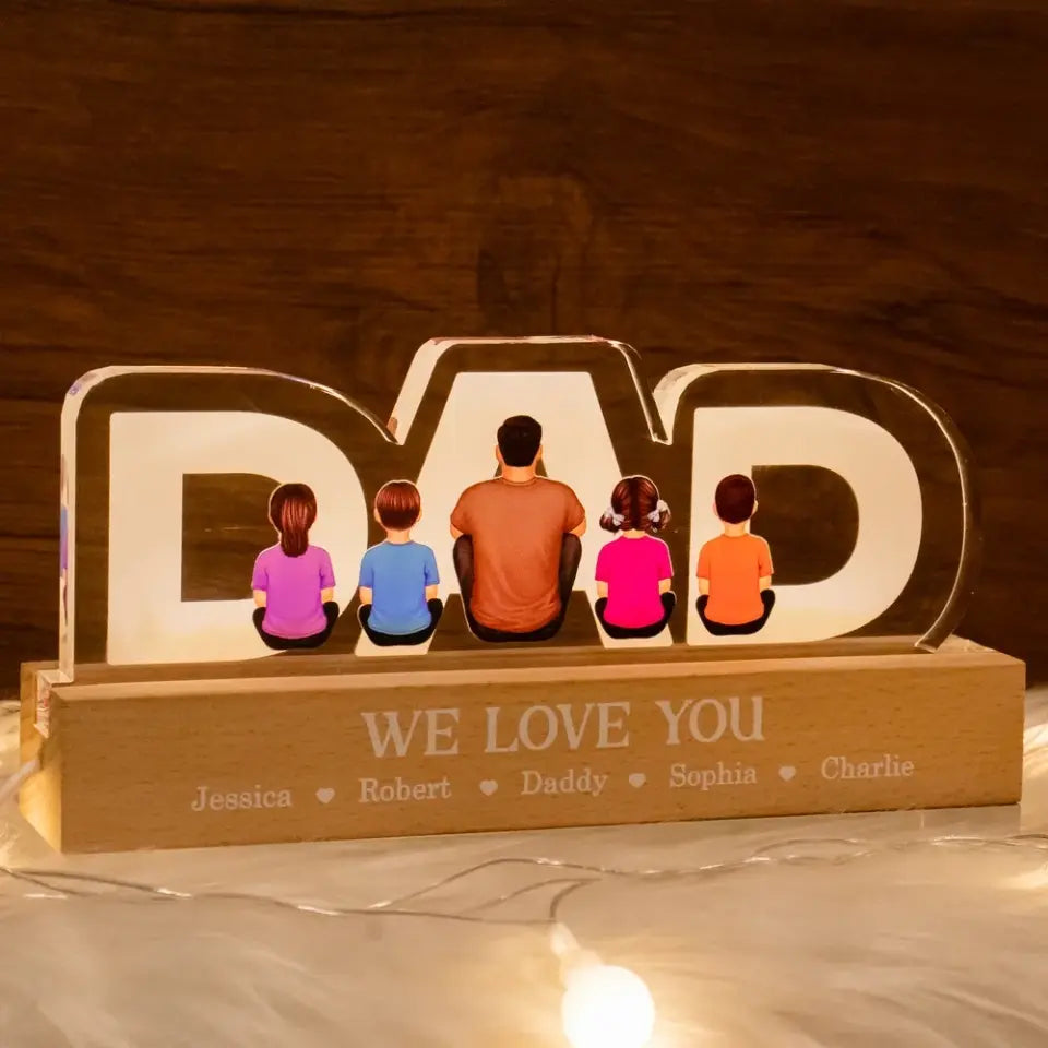 DAD Family Sitting Back View Personalized Acrylic LED Night Light, Father's Day Gift For Dad, Gift For Husband