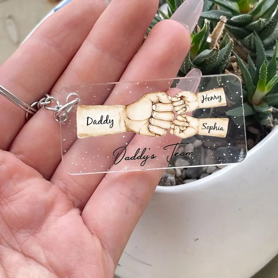 Daddy's Team Fist Bump Personalized Acrylic Keychain, Father's Day Gift For Dad, For Grandpa, For Husband