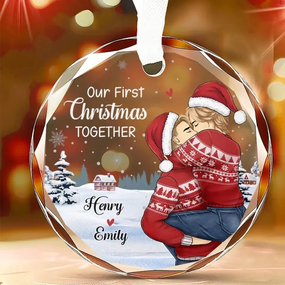 Our First Christmas - Couple Personalized Custom Circle Glass Ornament - Gift For Husband Wife, Anniversary