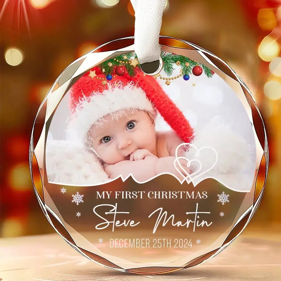 Custom Photo My First Christmas - Family Personalized Custom Circle Glass Ornament - Christmas Gift For Baby Kids, Newborn Baby